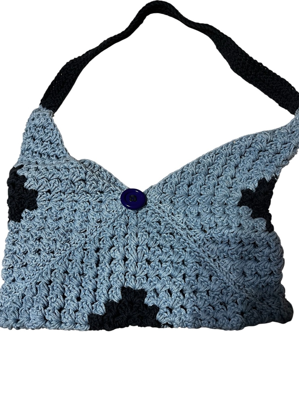 Light Blue Crochet Shoulder Bag with Black Accents